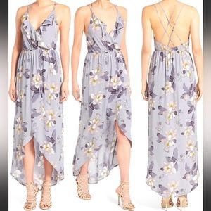 ASTR Ruffle Surplice Floral V-Neck Strappy Slit High/Low Maxi Dress - Size XS
